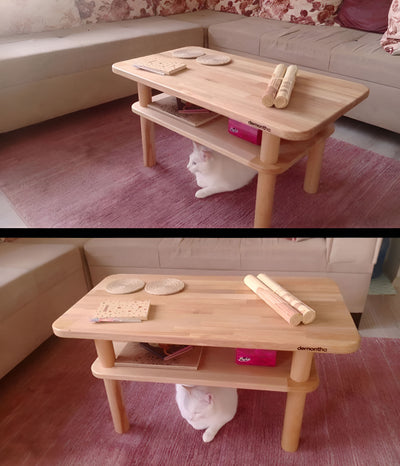 Pembe halı üzerinde ahşap orta sehpa; üst üste iki karede de sehpanın altına uzanmış beyaz kedi