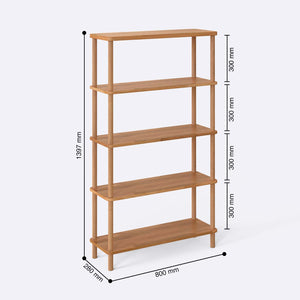 5 Raflı Kitaplık 80 x 28 cm ölçülendirilmiş teknik görünümü, milimetre cinsinden genişlik, derinlik ve yükseklik