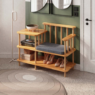 Thindor Bench, masif kayın gövde ve kumaş döşeme, 110 cm genişliğinde, ev ortamında kullanım görünümü