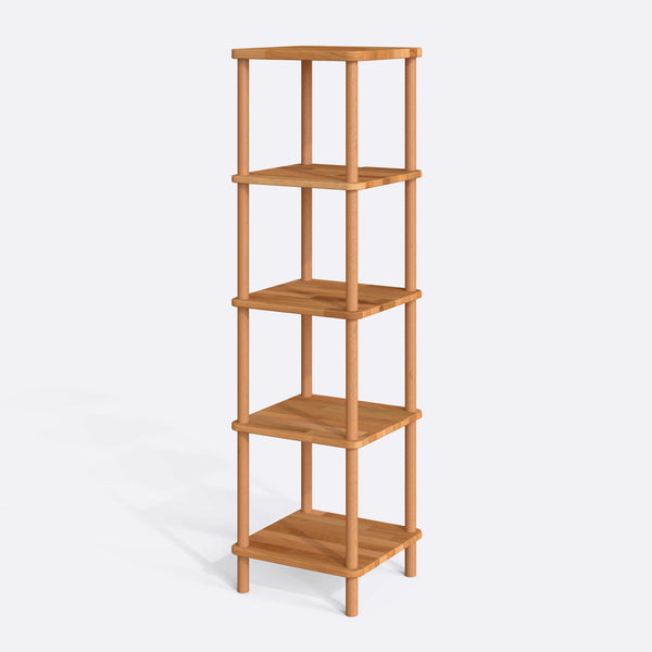 5 Raflı Kitaplık 38 x 38 cm, %100 masif kayın, doğal ahşap dokusu, beyaz zeminde üç çeyrek açıdan stüdyo çekimi