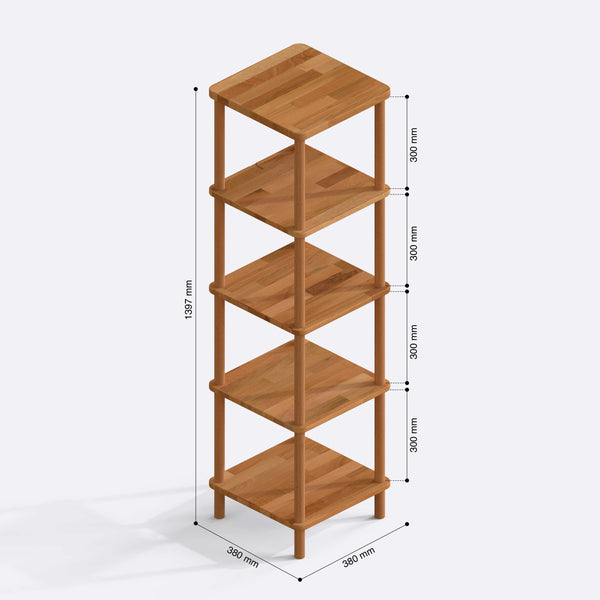 5 Raflı Kitaplık 38 x 38 cm ölçülendirilmiş teknik görünümü, milimetre cinsinden genişlik, derinlik ve yükseklik