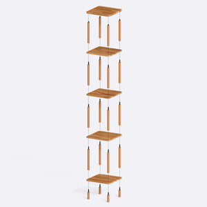 5 Raflı Kitaplık 38 x 38 cm parçalarına ayrılmış montaj görünümü, masif kayın parçalar ve bağlantı elemanları