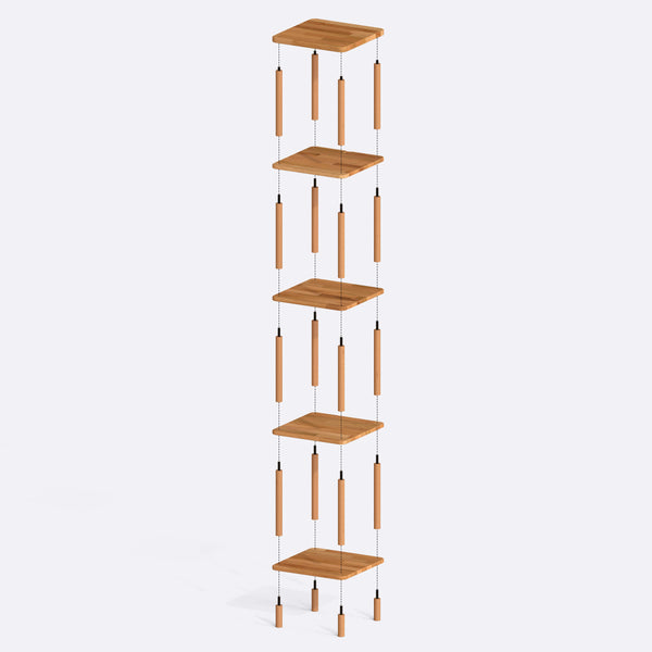 5 Raflı Kitaplık 38 x 38 cm parçalarına ayrılmış montaj görünümü, masif kayın parçalar ve bağlantı elemanları