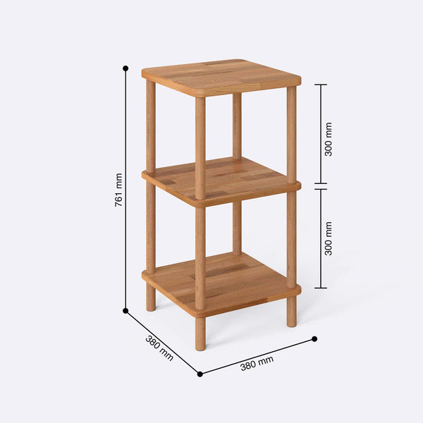 Kısa Kitaplık 38 x 38 cm ölçülendirilmiş teknik görünümü, milimetre cinsinden genişlik, derinlik ve yükseklik