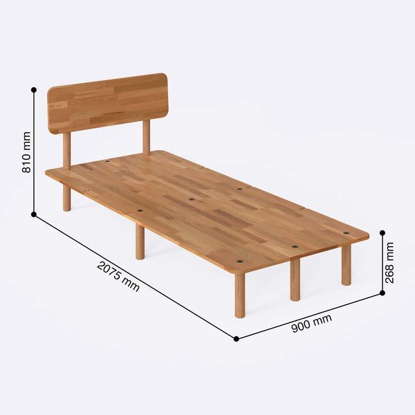 Nuala Tek Kişilik Karyola 90 x 200 cm ölçülendirilmiş teknik görünümü, milimetre cinsinden genişlik ve yükseklik