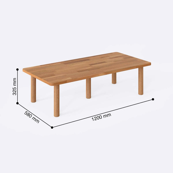 Suin Orta Sehpa 120 x 58 cm ölçülendirilmiş teknik görünümü, milimetre cinsinden genişlik, derinlik ve yükseklik