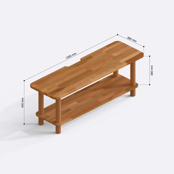 Sora TV Ünitesi 120 x 38 cm ölçülendirilmiş teknik görünümü, milimetre cinsinden genişlik, derinlik ve yükseklik