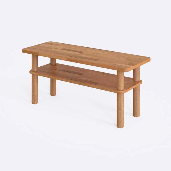 Gron Sehpa 100 x 38 cm, %100 masif kayın, beyaz zeminde üç çeyrek açıdan stüdyo çekimi