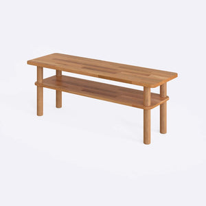 Gron Sehpa 120 x 38 cm, %100 masif kayın, doğal ahşap dokusu, beyaz zeminde üç çeyrek açıdan stüdyo çekimi