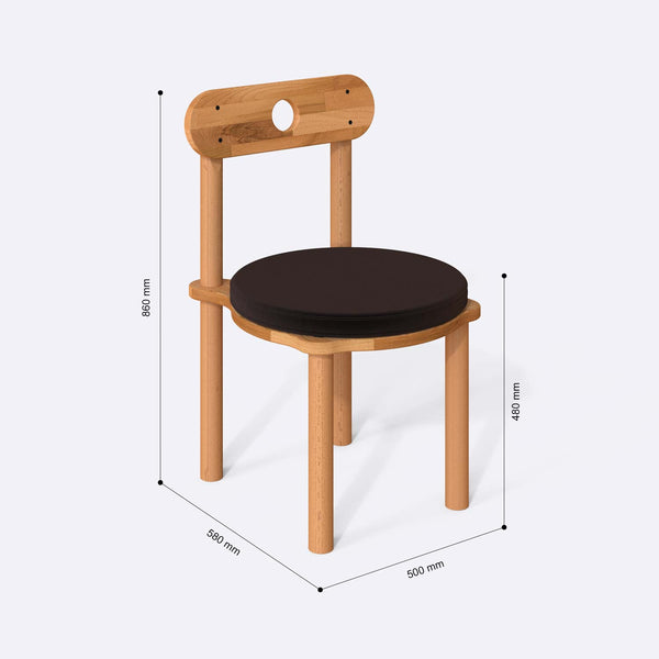 Novi Sandalye ölçülendirilmiş teknik görünümü, kahve kadife döşeme, milimetre cinsinden ölçüler