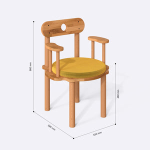Novira Sandalye ölçülendirilmiş teknik görünümü, sarı kadife döşeme, milimetre cinsinden ölçüler