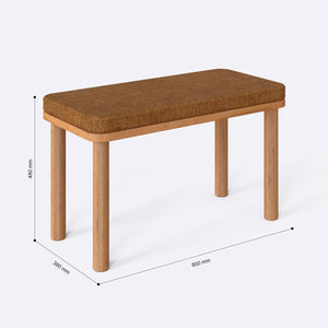 Dorrin Bench 80 x 38 cm ölçülendirilmiş teknik görünümü, badem keten döşeme, milimetre cinsinden ölçüler