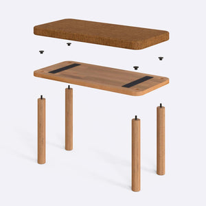 Dorrin Bench 80 x 38 cm parçalarına ayrılmış montaj görünümü, badem keten oturum ve masif kayın ayaklar