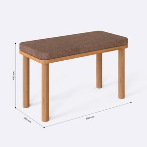 Dorrin Bench 80 x 38 cm ölçülendirilmiş teknik görünümü, kahve keten döşeme, milimetre cinsinden ölçüler