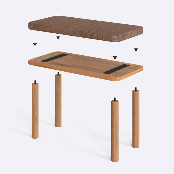 Dorrin Bench 80 x 38 cm parçalarına ayrılmış montaj görünümü, kahve keten oturum ve masif kayın ayaklar