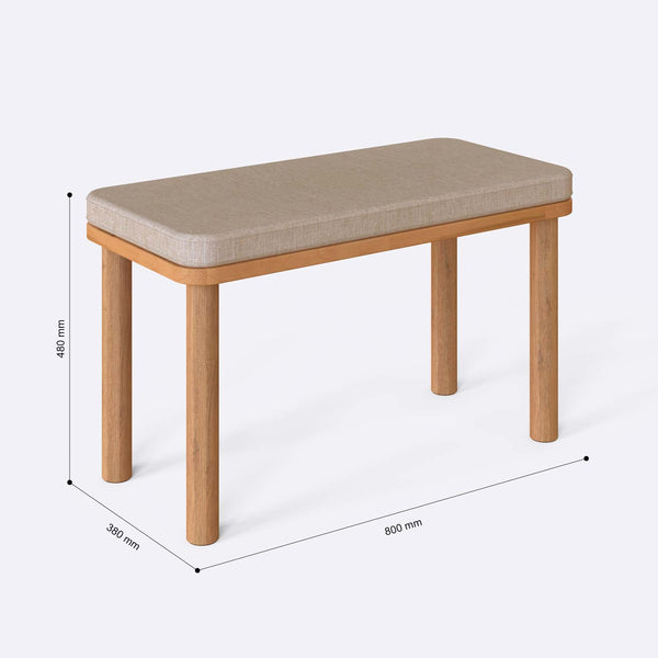 Dorrin Bench 80 x 38 cm ölçülendirilmiş teknik görünümü, ekru keten döşeme, milimetre cinsinden ölçüler