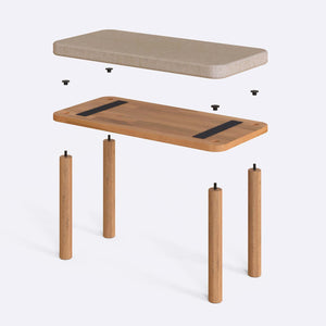 Dorrin Bench 80 x 38 cm parçalarına ayrılmış montaj görünümü, ekru keten oturum ve masif kayın ayaklar