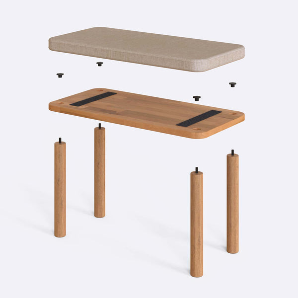 Dorrin Bench 80 x 38 cm parçalarına ayrılmış montaj görünümü, ekru keten oturum ve masif kayın ayaklar