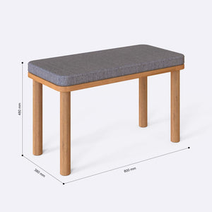Dorrin Bench 80 x 38 cm ölçülendirilmiş teknik görünümü, gri keten döşeme, milimetre cinsinden ölçüler
