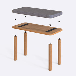Dorrin Bench 80 x 38 cm parçalarına ayrılmış montaj görünümü, gri keten oturum ve masif kayın ayaklar