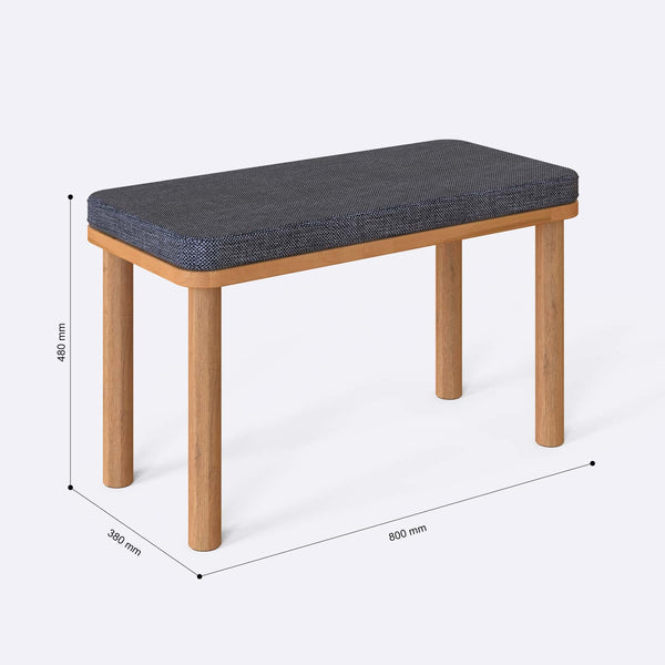Dorrin Bench 80 x 38 cm ölçülendirilmiş teknik görünümü, kül keten döşeme, milimetre cinsinden ölçüler