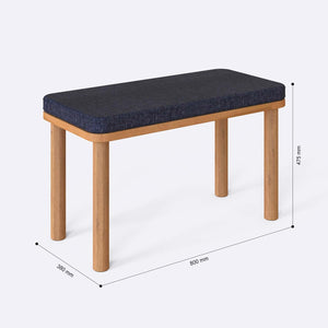 Dorrin Bench 80 x 38 cm ölçülendirilmiş teknik görünümü, lacivert keten döşeme, milimetre cinsinden ölçüler