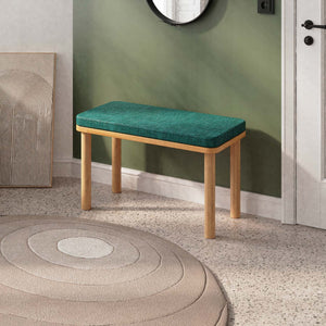 Dorrin Bench 80 x 38 cm, petrol keten döşeme, masif kayın gövde, ev ortamında kullanım görünümü