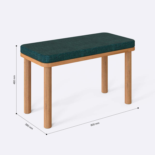 Dorrin Bench 80 x 38 cm ölçülendirilmiş teknik görünümü, petrol keten döşeme, milimetre cinsinden ölçüler