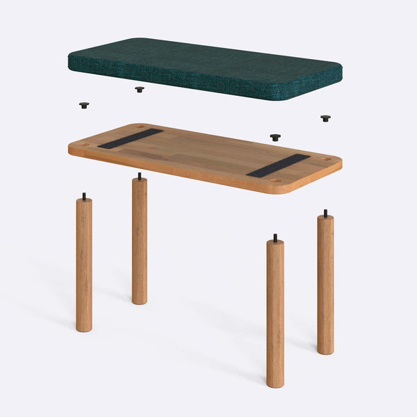 Dorrin Bench 80 x 38 cm parçalarına ayrılmış montaj görünümü, petrol keten oturum ve masif kayın ayaklar