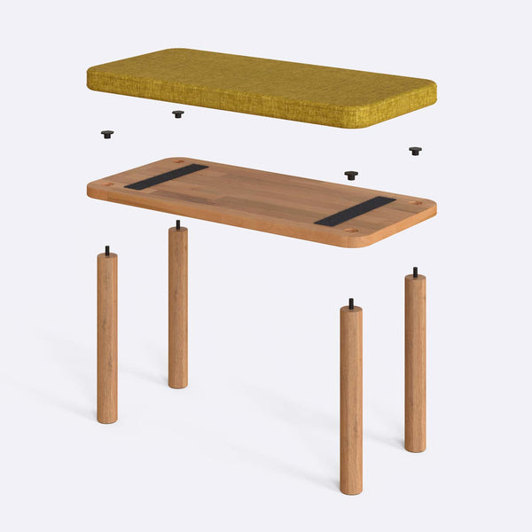 Dorrin Bench 80 x 38 cm parçalarına ayrılmış montaj görünümü, sarı keten oturum ve masif kayın ayaklar