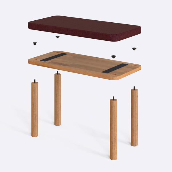 Dorrin Bench 80 x 38 cm parçalarına ayrılmış montaj görünümü, bordo keten oturum ve masif kayın ayaklar