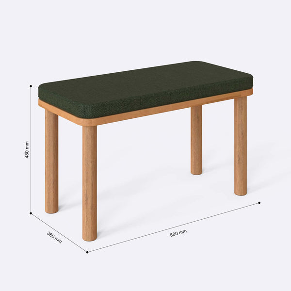 Dorrin Bench 80 x 38 cm ölçülendirilmiş teknik görünümü, yeşil keten döşeme, milimetre cinsinden ölçüler