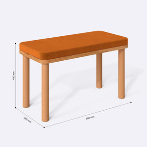 Dorrin Bench 80 x 38 cm ölçülendirilmiş teknik görünümü, badem kadife döşeme, milimetre cinsinden ölçüler