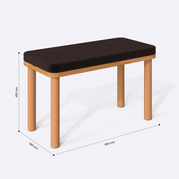 Dorrin Bench 80 x 38 cm ölçülendirilmiş teknik görünümü, kahve kadife döşeme, milimetre cinsinden ölçüler