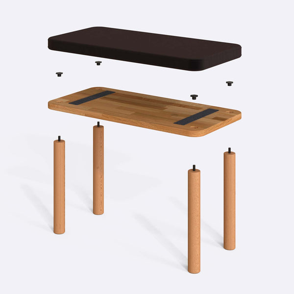 Dorrin Bench 80 x 38 cm parçalarına ayrılmış montaj görünümü, kahve kadife oturum ve masif kayın ayaklar