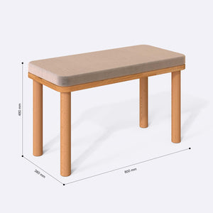 Dorrin Bench 80 x 38 cm ölçülendirilmiş teknik görünümü, kum kadife döşeme, milimetre cinsinden ölçüler