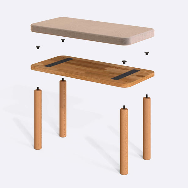 Dorrin Bench 80 x 38 cm parçalarına ayrılmış montaj görünümü, kum kadife oturum ve masif kayın ayaklar