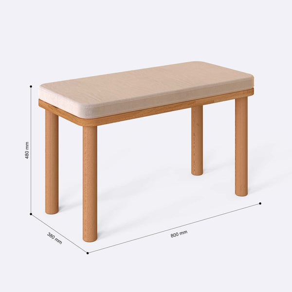Dorrin Bench 80 x 38 cm ölçülendirilmiş teknik görünümü, ekru kadife döşeme, milimetre cinsinden ölçüler