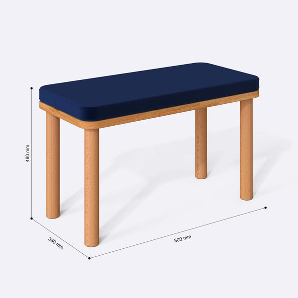Dorrin Bench 80 x 38 cm ölçülendirilmiş teknik görünümü, lacivert kadife döşeme, milimetre cinsinden ölçüler