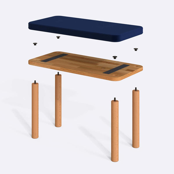 Dorrin Bench 80 x 38 cm parçalarına ayrılmış montaj görünümü, lacivert kadife oturum ve masif kayın ayaklar