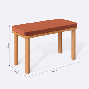 Dorrin Bench 80 x 38 cm ölçülendirilmiş teknik görünümü, somon kadife döşeme, milimetre cinsinden ölçüler