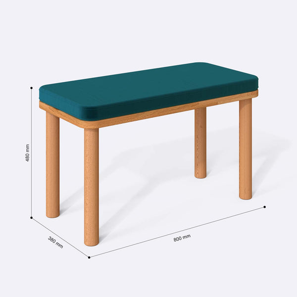 Dorrin Bench 80 x 38 cm ölçülendirilmiş teknik görünümü, petrol kadife döşeme, milimetre cinsinden ölçüler
