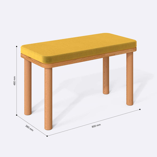Dorrin Bench 80 x 38 cm ölçülendirilmiş teknik görünümü, sarı kadife döşeme, milimetre cinsinden ölçüler