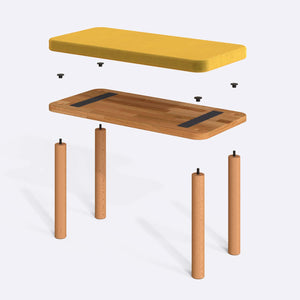 Dorrin Bench 80 x 38 cm parçalarına ayrılmış montaj görünümü, sarı kadife oturum ve masif kayın ayaklar