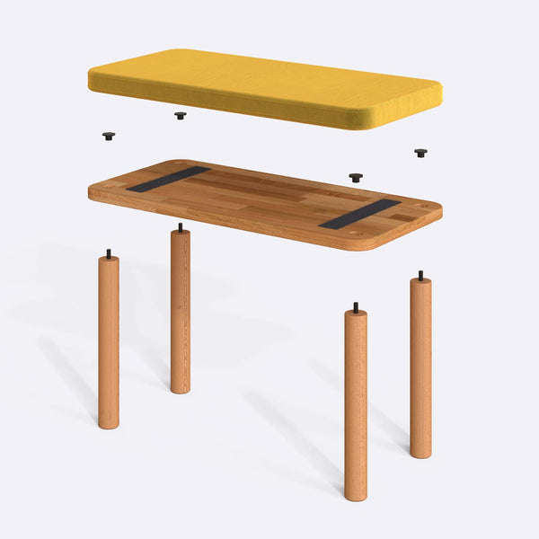 Dorrin Bench 80 x 38 cm parçalarına ayrılmış montaj görünümü, sarı kadife oturum ve masif kayın ayaklar