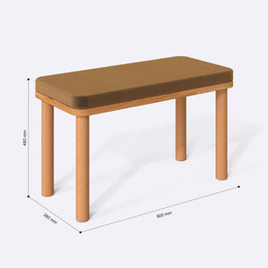 Dorrin Bench 80 x 38 cm ölçülendirilmiş teknik görünümü, vizon kadife döşeme, milimetre cinsinden ölçüler