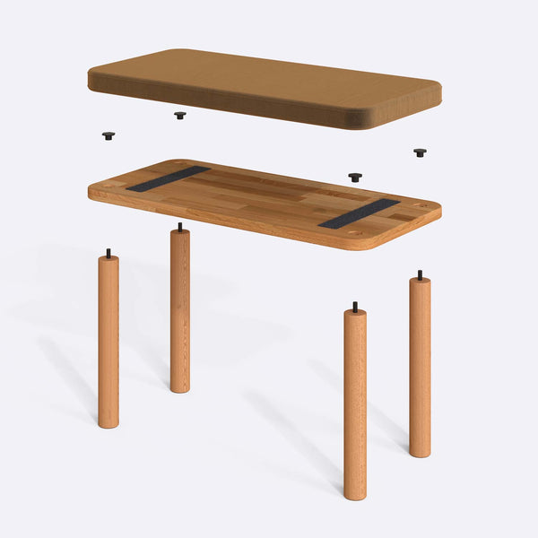 Dorrin Bench 80 x 38 cm parçalarına ayrılmış montaj görünümü, vizon kadife oturum ve masif kayın ayaklar