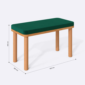 Dorrin Bench 80 x 38 cm ölçülendirilmiş teknik görünümü, zümrüt kadife döşeme, milimetre cinsinden ölçüler