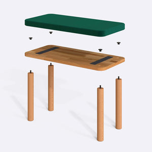 Dorrin Bench 80 x 38 cm parçalarına ayrılmış montaj görünümü, zümrüt kadife oturum ve masif kayın ayaklar