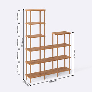 Kaya Kitaplık 120 x 28 cm ölçülendirilmiş teknik görünümü, milimetre cinsinden genişlik, derinlik ve yükseklik